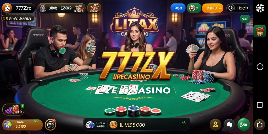 Screenshot gameplay 777ZX yang menampilkan dealer langsung dan suasana kasino.