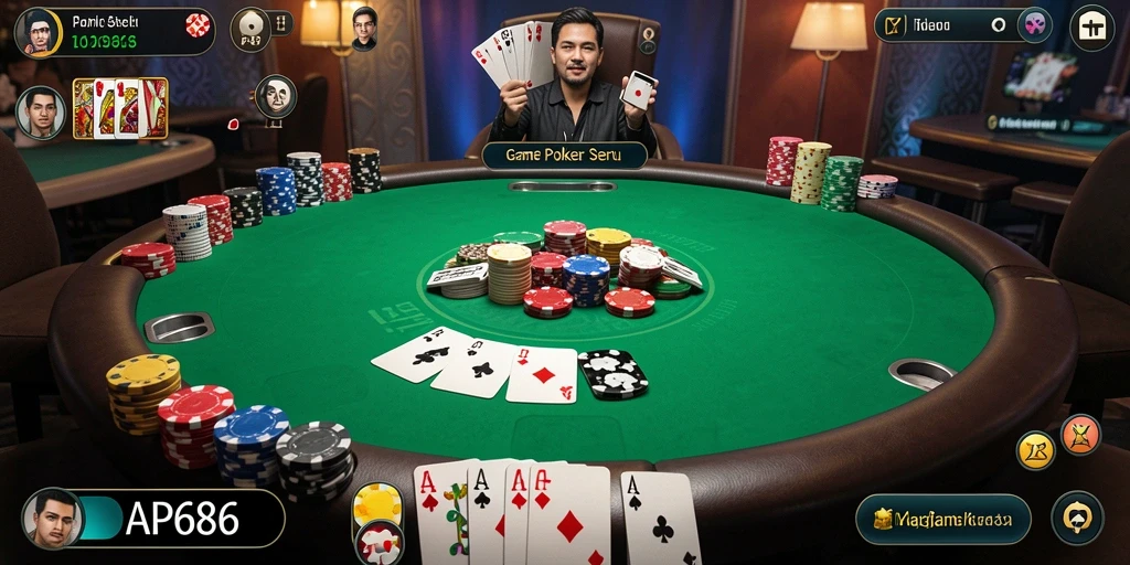 Tampilan gameplay seru AP686 saat bermain poker dengan teman.