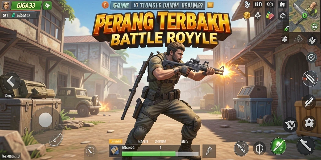 Screenshot utama GIGA33 menampilkan aksi pertempuran luar biasa dalam mode Battle Royale.