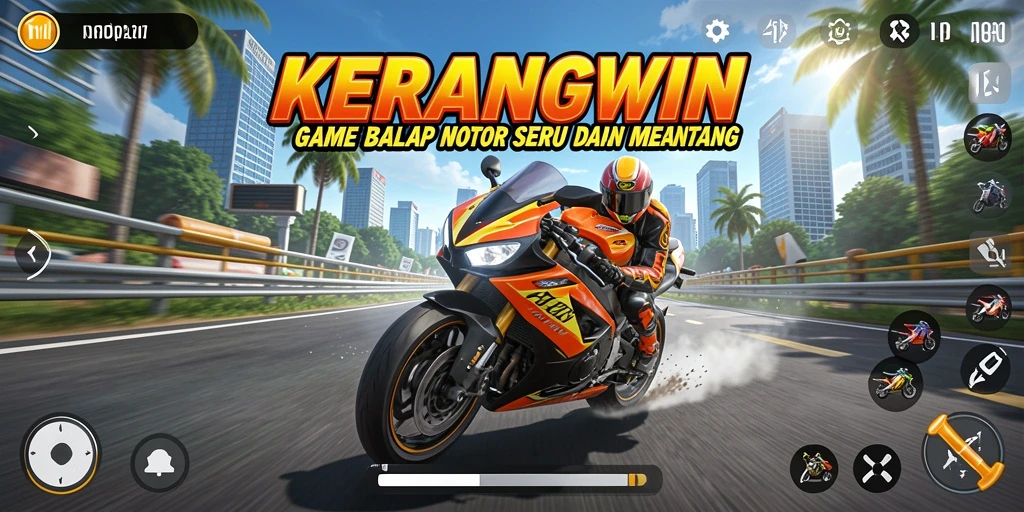 Tangkapan layar gameplay KERANGWIN menampilkan balapan motor yang mendebarkan dan penuh adrenalin.
