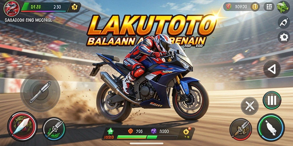 Gameplay seru LAKUTOTO dengan balapan motor yang mendebarkan.