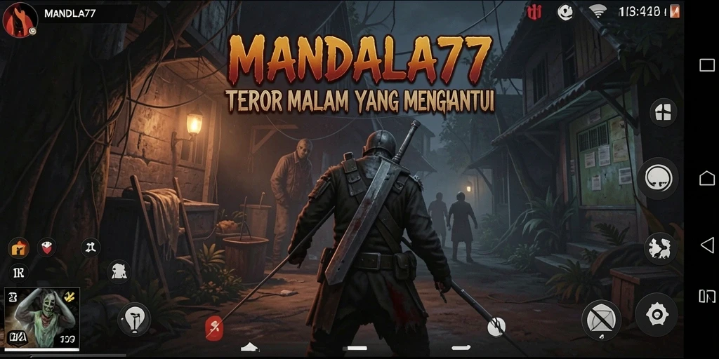Screenshot gameplay MANDALA77 dengan suasana menyeramkan dan karakter horor.
