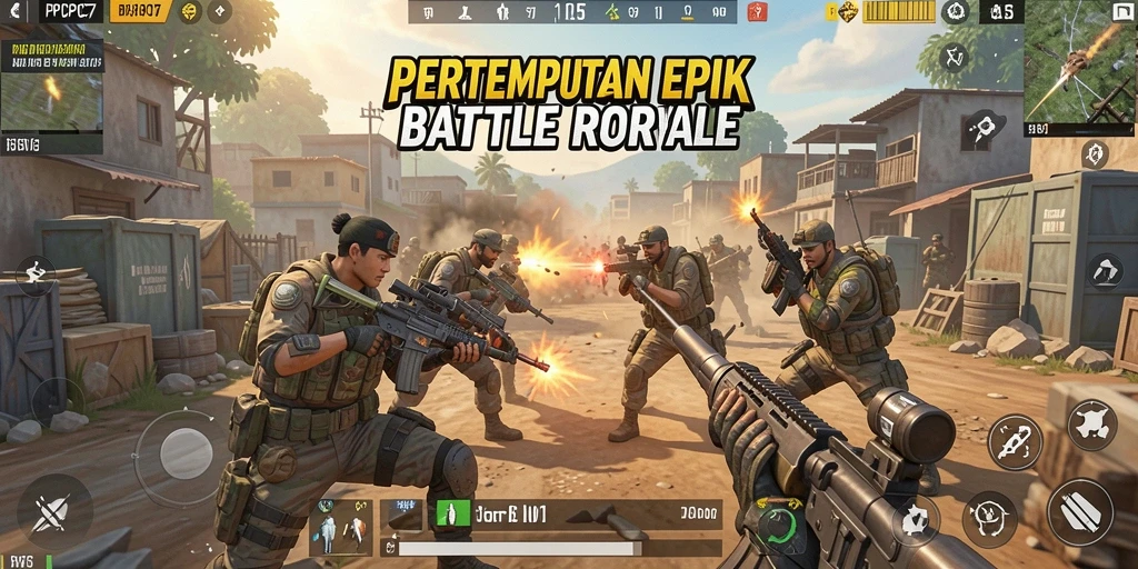 Screenshot gameplay PCPC7 menampilkan aksi pertempuran seru dalam arena Battle Royale.