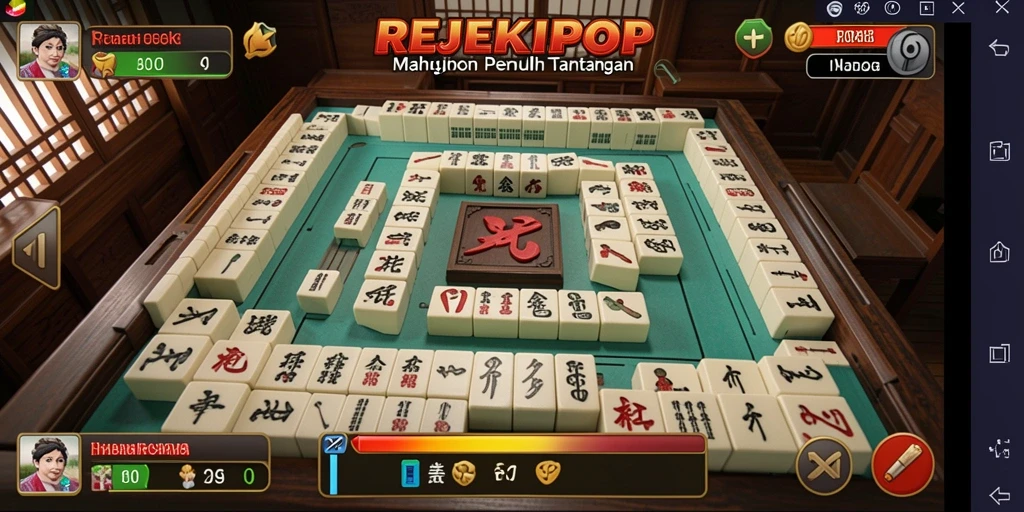 Tampilan gameplay seru di REJEKIPOP dengan ubin Mahjong berwarna-warni.