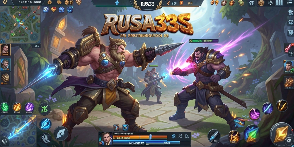 Gameplay MOBA yang seru dengan tim dan strategi.