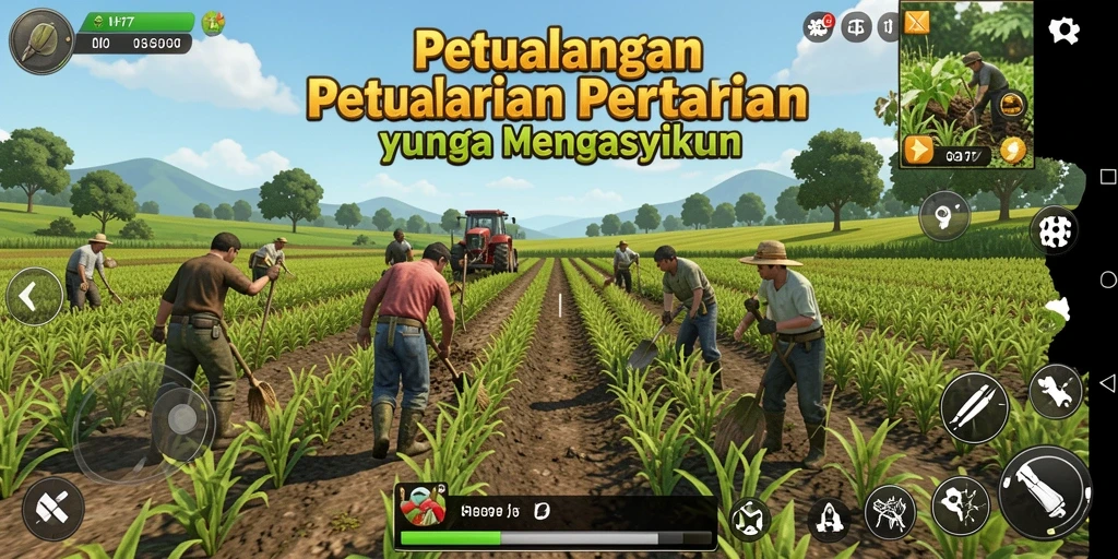 Screenshot utama UH77 menampilkan pemain yang sedang bercocok tanam di ladang.