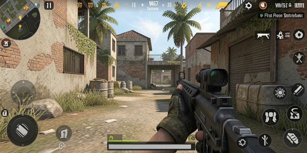 Gambaran gameplay seru W67 dalam pertempuran FPS.